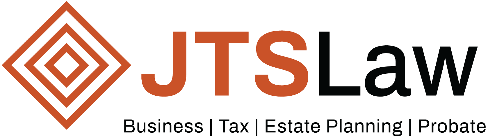 A professional logo features an abstract diamond shape made of concentric lines in a reddish-orange color. To the right, the words JTS Law are written, with JTS in the same orange color and Law in a black color. Below the main text, the words "Business | Tax | Estate Planning | Probate" are in a black light thickness font.