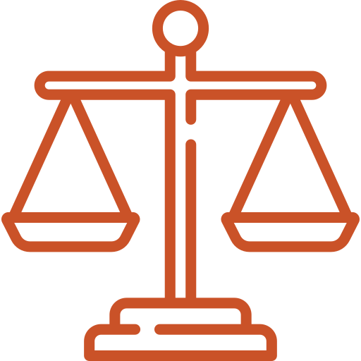 A line art illustration of a traditional balance scale, outlined in an orange color against a transparent background. The scales are perfectly balanced, representing justice, fairness, and legal equity.