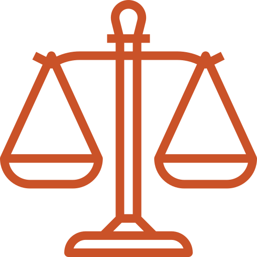 A line art illustration of a traditional balance scale, outlined in an orange color against a transparent background. The scales are perfectly balanced, representing justice, fairness, and legal equity.