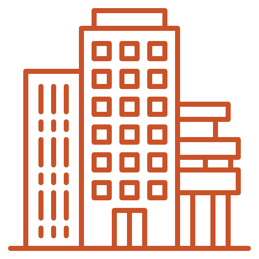 A line art illustration shows a cluster of three buildings in an orange color against a transparent background. The buildings are of varying heights and have distinct window patterns, representing a city or a business complex.