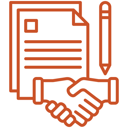 A line art illustration shows a handshake over a document and a pencil, all outlined in an orange color against a transparent background. The handshake symbolizes a deal being made, likely a contract or legal agreement.