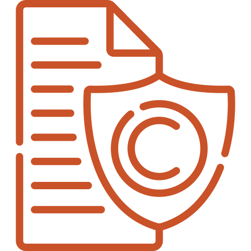 A line art illustration in orange against a transparent background shows a document with lines of text. A shield with a copyright symbol, represented by the letter C inside a circle, is placed over the document, symbolizing copyright protection for a work.