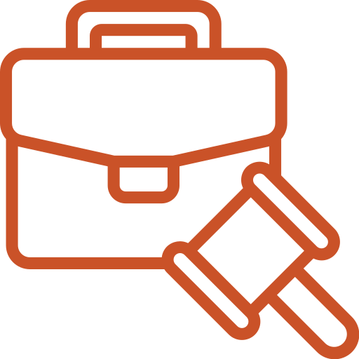 A line art illustration shows a briefcase and a gavel, outlined in an orange color against a transparent background. The two items overlap slightly, representing a legal professional or the practice of law.