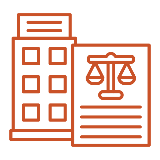 A line art illustration in an orange color shows a building with windows next to a legal document. The document features a drawing of a scale of justice at the top, representing a law firm or a legal department within a company.
