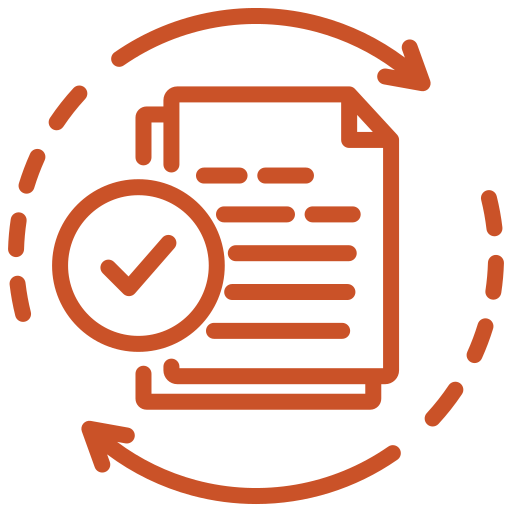 A minimalist line art icon of a document being processed or reviewed, outlined in an orange color. The document has a large checkmark inside a circle on top of it, and a dashed circle with two rotating arrows surrounds the entire image. The icon is set against a transparent background.