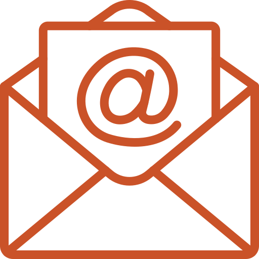 A line art illustration of an open envelope in a orange color against a transparent background. An email symbol, represented by a large @ sign, is on the letter peeking out of the envelope.