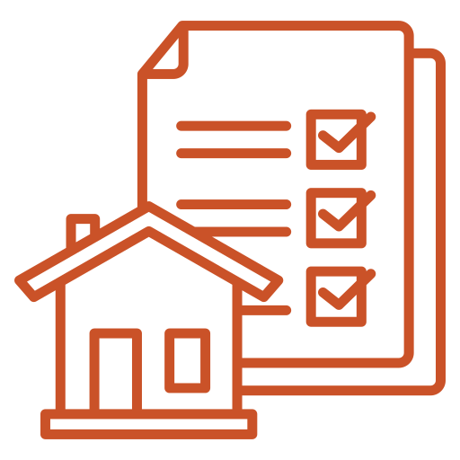 A minimalist line art icon, outlined in an orange color, showing a house and a document with a checklist. The house is in front of the document, which has three checkboxes with checkmarks. The icon is set against a transparent background.