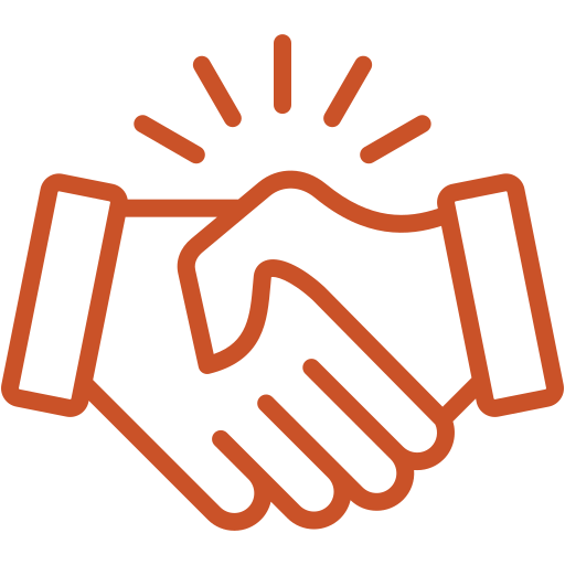 A line art illustration of two hands shaking, signifying an agreement or a deal. The handshake is outlined in an orange color against a transparent background, with small radiating lines above it suggesting a firm or bright conclusion.