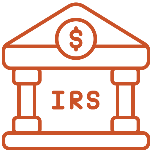 A line art illustration of a building in the style of a bank or government office, outlined in an orange color against a transparent background. The word IRS is printed on the facade, and a dollar sign is featured in a circle on the triangular roof.
