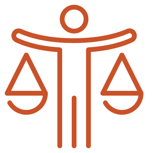 A line art illustration shows a stylized person with their arms outstretched. Each arm ends in a scale, forming a balance scale with the person at the center, symbolizing fairness, justice, or a legal professional. The illustration is in a orange color on a transparent background.
