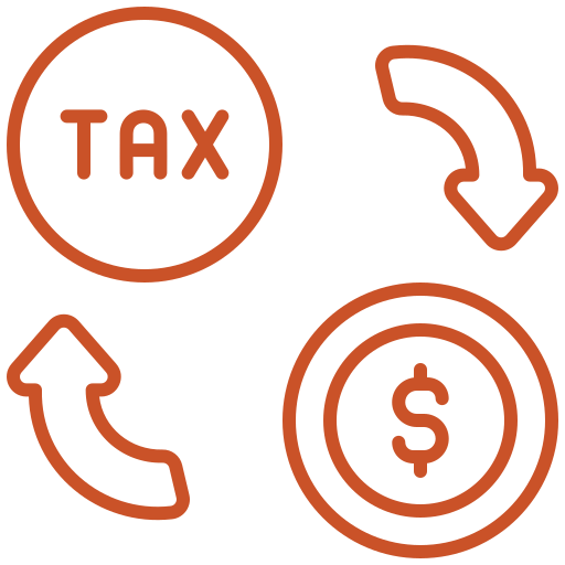 A line art illustration in orange against a transparent background shows a cyclical process involving taxes and money. The design features a circle with the word TAX, a downward curved arrow pointing to a circle with a dollar sign, an upward curved arrow pointing back to the TAX circle, forming a loop.