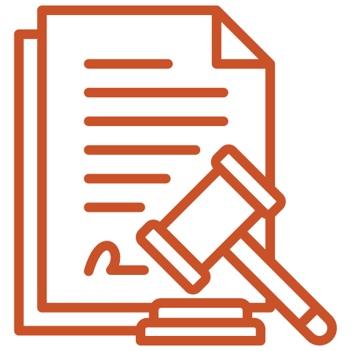A line art illustration shows a gavel resting on a signed legal document. The illustration is in an orange color against a transparent background, representing a judge's ruling, a settlement, or the finalization of a legal process.