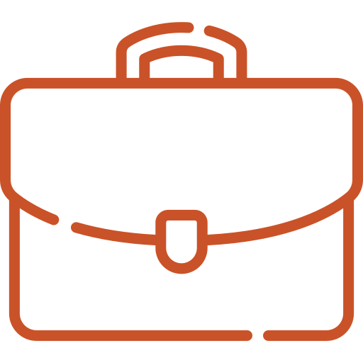 A simple line art icon of a briefcase, outlined in an orange color. The briefcase is shown with a handle and a latch on the front. The icon is set against a transparent background.