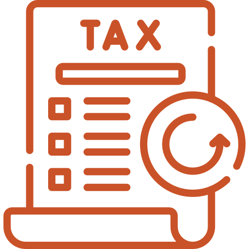 A line art illustration of a tax form is displayed in an orange color against a transparent background. The icon features the word TAX at the top and a circular arrow indicating a refresh or renewal, suggesting a need to file taxes again.