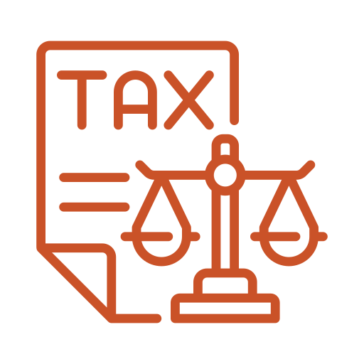 A line art icon, outlined in an orange color, showing a legal document and a scale of justice. The document has the word TAX written at the top, and the scale of justice is positioned in front of it. The icon is set against a transparent background.