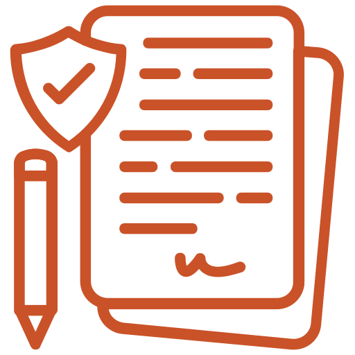 An icon showing a stack of documents with a signature on the top page, a pencil on the left, and a shield with a checkmark on the top left. The icon is outlined in an orange color against a transparent background.