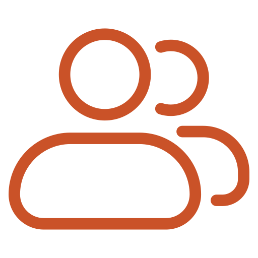 A line art illustration in orange against a black background shows three stylized figures. The figures are arranged to suggest a group of people or a team, with two figures partially behind a larger, central one.