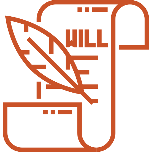 A line art illustration shows a document, unrolled like a scroll, with the word WILL prominently displayed on it. A feather quill is placed over the document, suggesting the writing or signing of a last will and testament. The entire illustration is in an orange color on a transparent background.