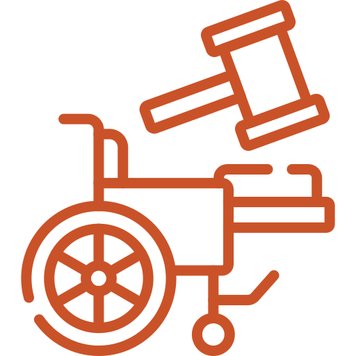 A simple orange line art icon of a gavel and a wheelchair on a black background. The gavel is shown from a diagonal overhead view and is positioned above and to the right of the wheelchair.