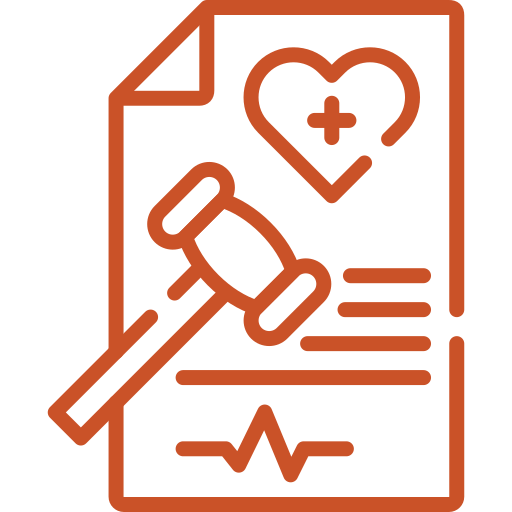 A simple line art icon shows a gavel resting diagonally on a document. The document features a heart with a plus sign inside at the top, followed by horizontal lines and a heartbeat line at the bottom. The entire icon is an orange color with a transparent background.