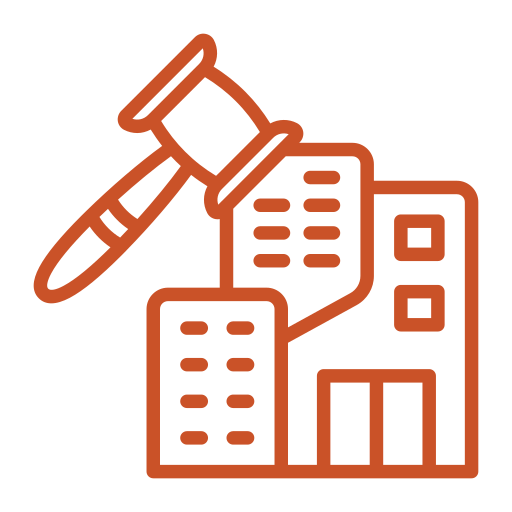 A line art illustration shows a cluster of three buildings in an orange color against a transparent background. The buildings are of varying heights and have distinct window patterns, representing a city or a business complex.